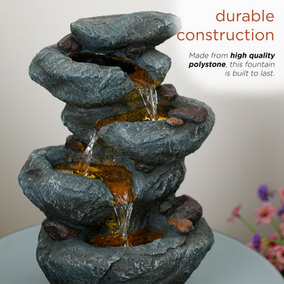 Alpine Corporation TZL418 14" 3 Tier Rock Fountain with LED Lights, Elegant Cascading Water Feature for Tabletop, Indoor Decor, Relaxing Stone Waterfall for Home & Office, Gray