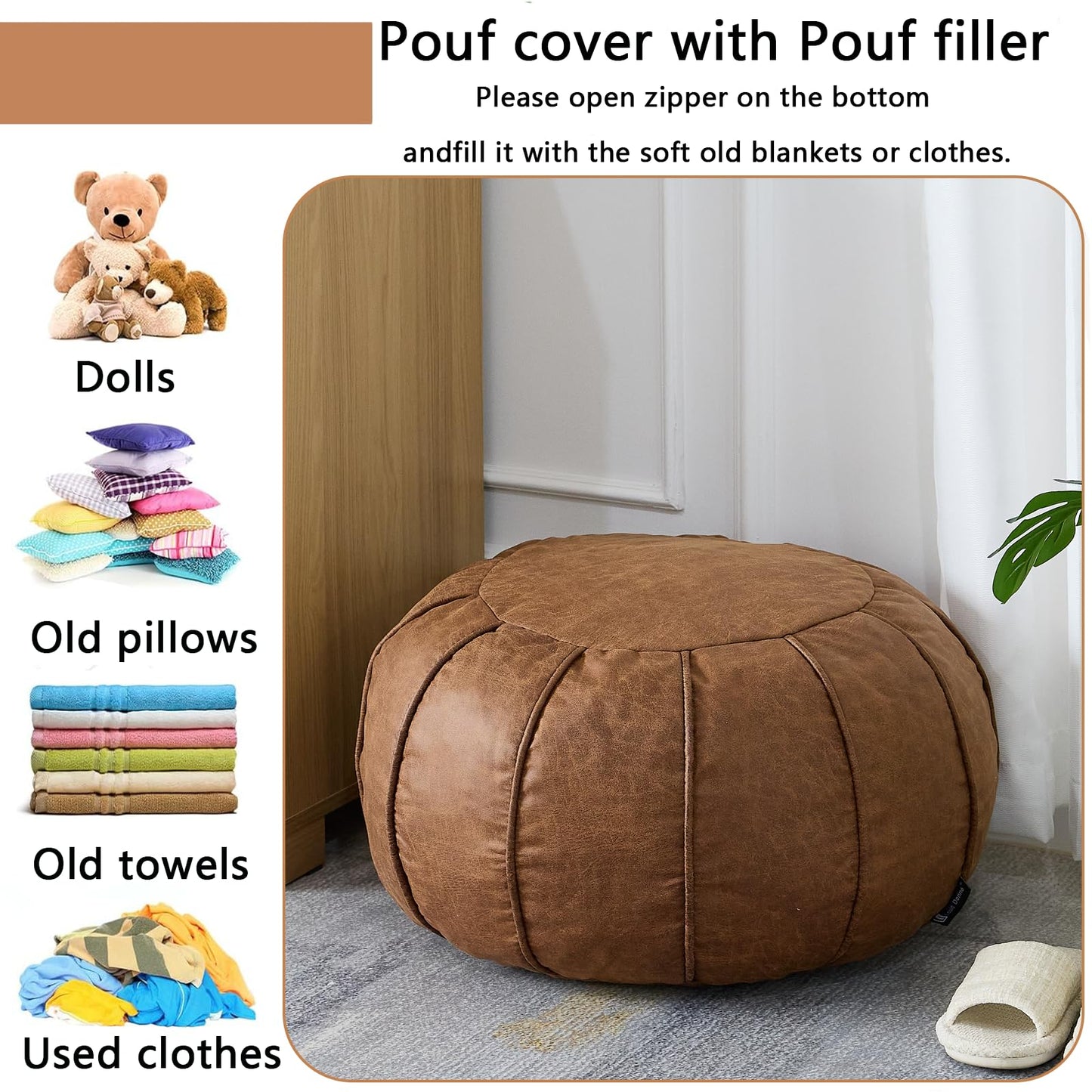 Louis Donné Unstuffed Pouf Ottoman Handmade Moroccan Storage Footstool Seat Round Home Decoration Pouf Cover Multi Functional Bean Bag Floor Chair for Living Room, Office, Bedroom, Balcony Decor