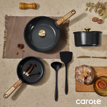 CAROTE 15Pcs Ceramic Cookware Set, Pots and Pans Set Non stick, Kitchen Cooking Set with Detachable Handle, Non Toxic Induction Cookware, Dishwasher/Oven Safe, PFAS Free, Black&Gold