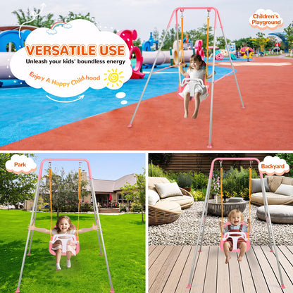 3-in-1 Toddler Swing Set, Indoor & Outdoor Baby Swing Heavy Duty Swing Set with Foldable Metal Stand for Aged 6 Months to 10 Years Old, Easy to Assemble and Store (Pink)