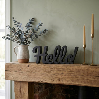 Hello Sign - Made in USA Modern Welcome Sign for Front Door Wreath & Entryway Shelf Decor - Bold Script Lettering for Home Accents & Tiered Tray Display, Matte Finish, 9.5 x 4 in"