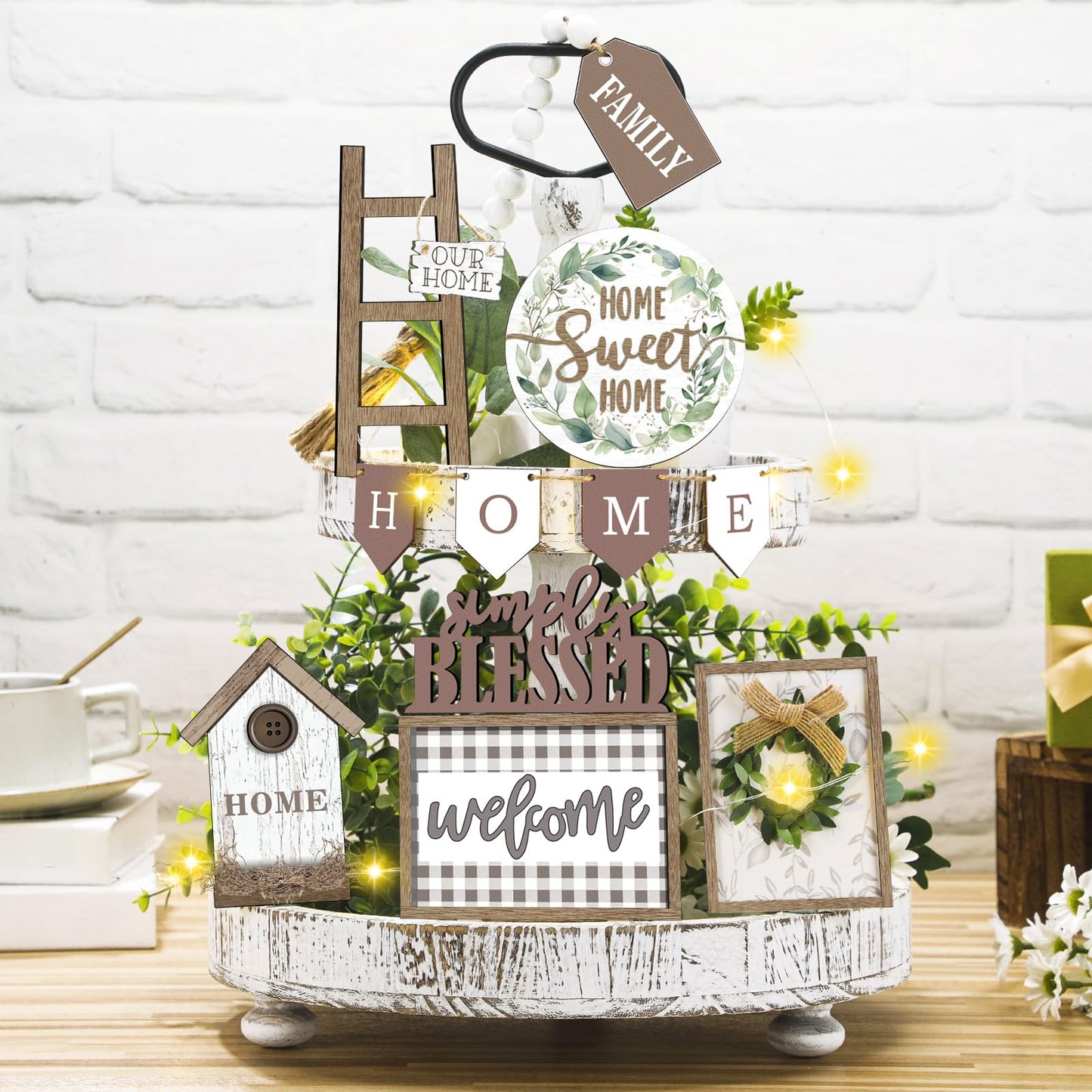 FairySandy Set of 11 Farmhouse Tiered Tray Decor Rustic Home Tiered Tray Decorations Set Wooden Signs Home This is Us Farmhouse Tabletop Wood Signs for Kitchen Table Shelf Decor