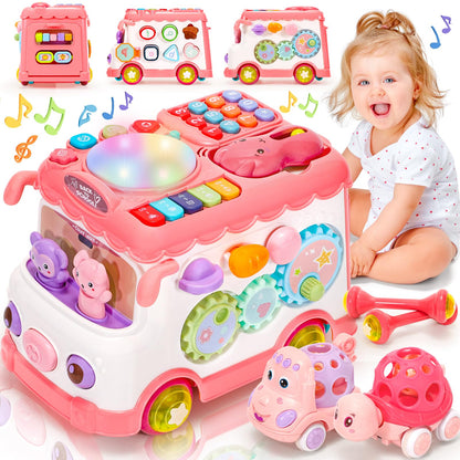 AmiDear Baby Gift for 1-2 Year Old Girl, 10-in-1 Montessori Toys Bus for Baby 6-12-18 Months+, Educational Musical Sensory Learning Toddler Toys Age 1-2, First Christmas and Birthday Gifts Pink