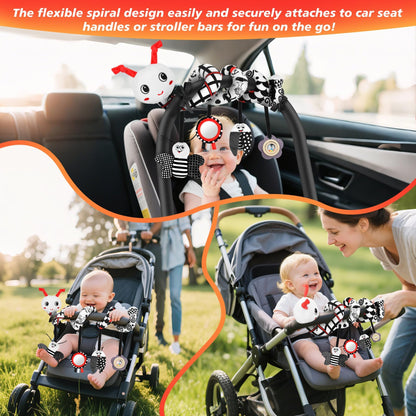 Zendstanding Car Seat Toys for Babies, 0-6 Months Stroller Activity Black White Baby Spiral Plush Toys Newborn High Contrast Sensory Carseat Toys with 4 Pendants Hanging Boys Girls Gift