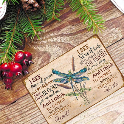 Dragonfly Metal Sign Tin Signs Garden Wall Art Decor Outdoor What A Wonderful World Sign Wall Plaques 8×12 Inches