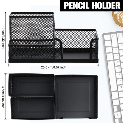 Ferraycle 4 Pcs Mesh Desk Organizer 3 Compartments Mesh Pen Holder Sticky Notes Pencil Holder Metal Caddy Desk Pen Organizer for Desktop Accessories Storage Baskets Home Office School(Black)