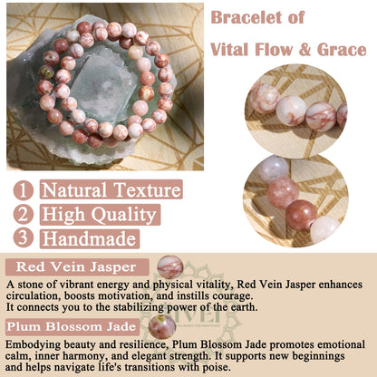Bivei Natural Gemstone Semi Precious Healing Crystals Handmade Stretchy Round Beads Bracelet,Stocking Stuffers for Women(Red Vein Jasper & Plum Blossom Jade (Good Luck & Opportunities) Large)
