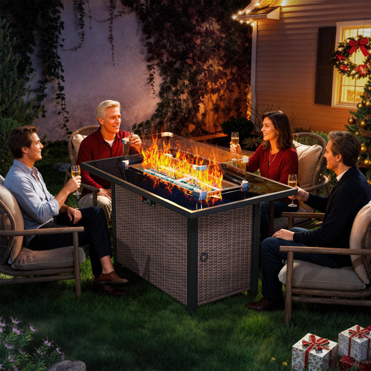 Propane Outdoor Fire Pit Table, 43" Rattan Rectangle Fire Pit Table, Outdoor Gas FirePit W/Glass Wind Guard, Tempered Glass Tabletop, Lid, CSA Listed, 60,000 BTU for Outside Patio Deck & Garden, Brown