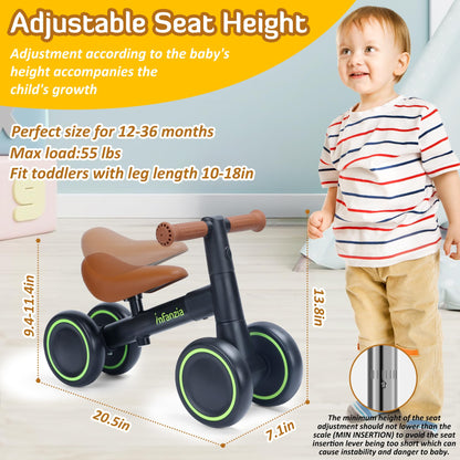 INFANZIA Baby Balance Bike for 12-36 Month Boys Girls, 1 Year Old Toddler First Bike No Pedal with Adjustable Seat, Infant 4 Wheels Bicycle Ride On Toys Kids First Birthday Gifts (Black)