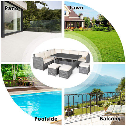 Tangkula 7 Pieces Patio Furniture Set, Outdoor Sectional Rattan Dining Sofa Set with Cushions, All Weather Wicker Conversation Couch Set with Dining Table & Ottomans for Yard Garden Poolside, White