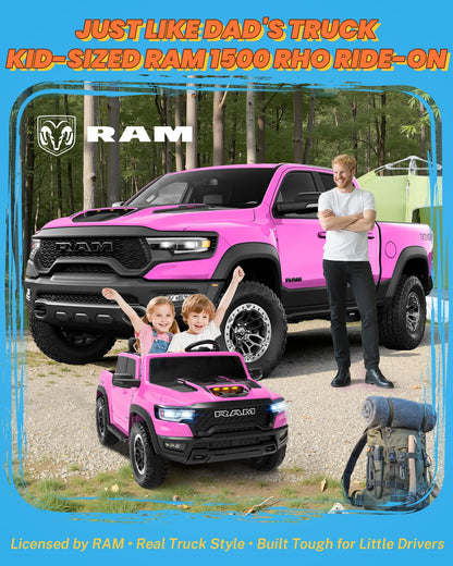 ENYOPRO 24 Volt Ride on Toys for Girls, Licensed RAM 1500 RHO 2 Seater Electric Car w/Remote Control, Kids Electric Vehicles w/Working Truck Tailgate, Suspension, Music, LED Lights (Pink - High Door)