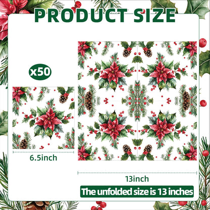 50 Pcs Christmas Poinsettia Paper Napkins, Disposable Holiday Cocktail Napkin with Red Flower, Holly, Pinecone, and Berry Design for Xmas Dinner, Winter Birthdays, Weddings, Seasonal Table Decorations
