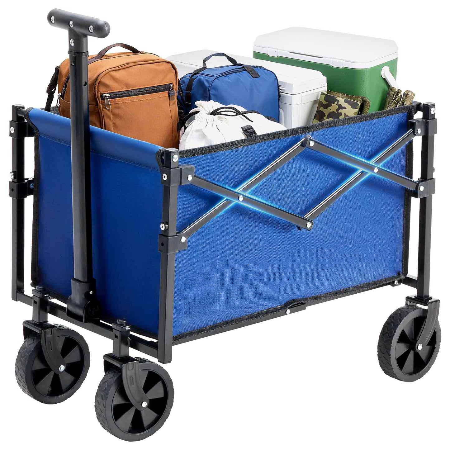 DUMOS Collapsible Wagon with Wheels, 220 lbs Wagons Carts Foldable Wagon Cart with Flexible Handle, Lightweight Portable Folding Utility Shopping Cart for Grocery Sports Garden Camping - Blue