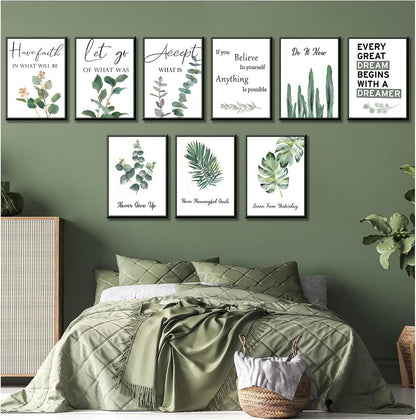 9pcs Inspirational Wall Art Motivational Quotes Wall Decor for Office Inspirational Eucalyptus Leaves Sage Poster Never Give Up Canvas Prints Painting Picture for ClassroomBedroom 8x10in Unframed