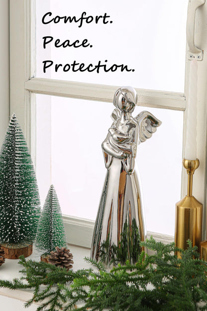 SURE YUESI for Mom from Daughter Son Kids- Statue Sculptures 13.8 Inch Ceramic Angel Figurine, Home Decor for Bedroom, Bathroom, Entryway, Bookshelf, Fireplace, TV Stand, Console Table- Silver