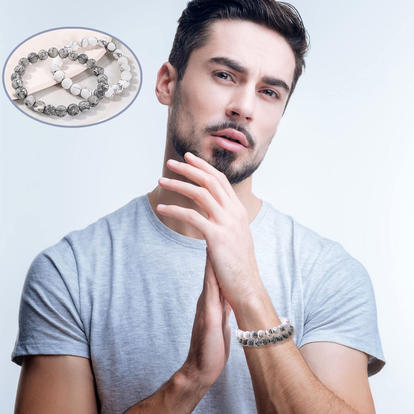 Bivei Natural Gemstone Healing Crystals Handmade 8mm Round Beads Bracelets Stretch Beaded Bracelet for Women Man(Frosted Picasso Jasper+Frosted White Howlite)