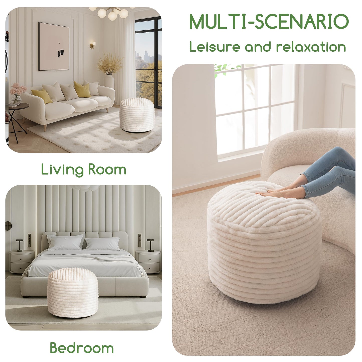 HIGOGOGO Round Stuffed Pouf Ottoman, Stripe Faux Fur Poufs with Foam Chunk Filling, Furry and Fluffy Pouf Foot Stool Storage Ottoman, 20 X 15 Floor Poufs Foot Rest for Living Room, Beige