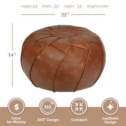 Thgonwid Round Unstuffed Pouf Cover, Leather Foot Stool Ottoman with Storage, Bean Bag Floor Chair, Multi Functional Footrest for Living Room, Bedroom or Balcony (Brown)