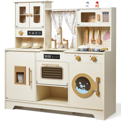 Play Kitchen for Kids Wooden Pretend Play Kitchen Set Toy Toy Kitchen with 26 Pcs Toy Food & Cookware Accessories Gift for 3+ Year Old Girls & Boys (Bean Green)