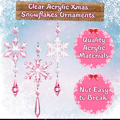 Boao Light Pink 15 Pcs Crystal Snowflake Ornaments for Winter Acrylic Snowflake Decorations Wonderland for Party Favor Celebration
