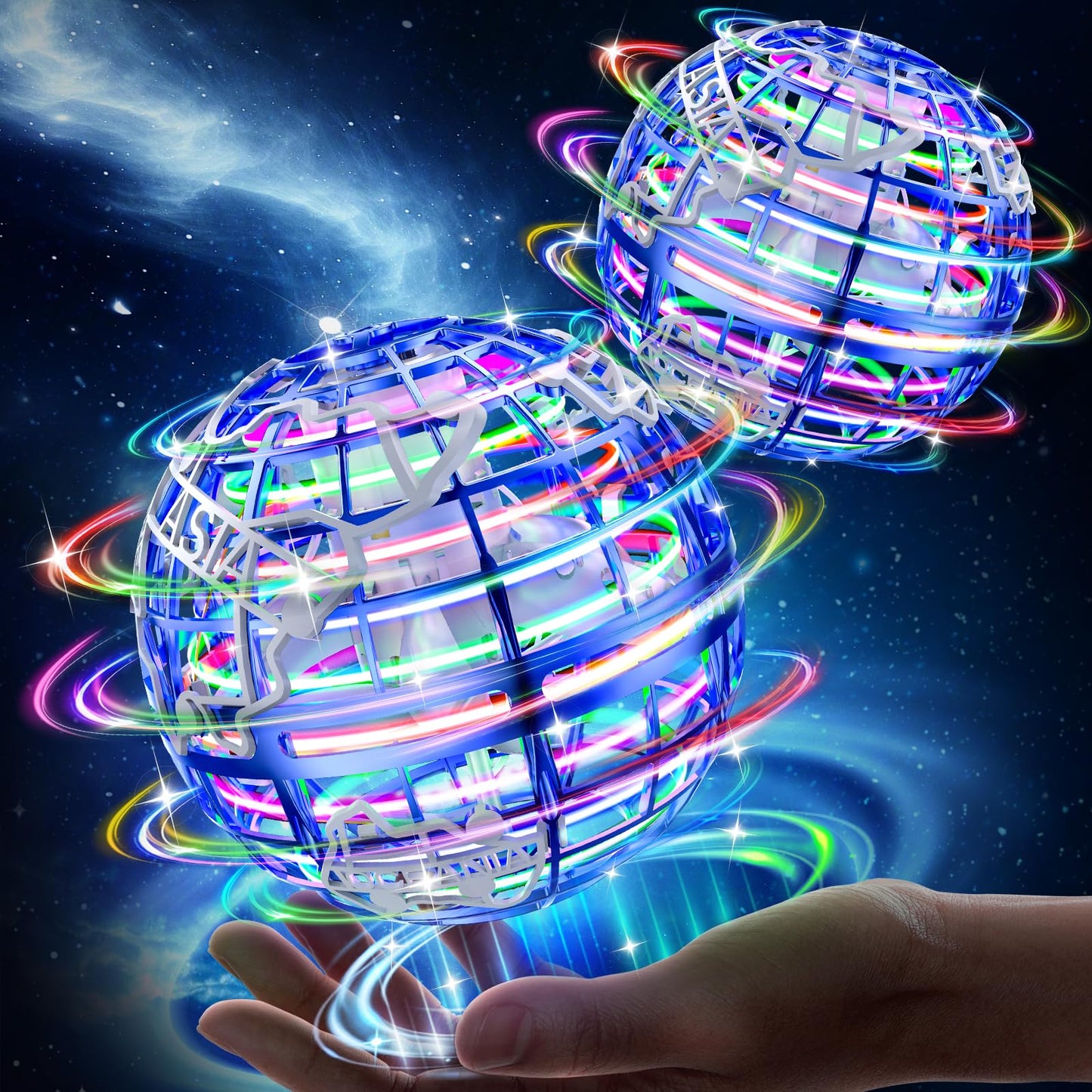 RIEYON Flying Orb Ball 2025 Hover Boomerang Ball 6 Lighting Effects Cool Toys Gift for 678910+ Year Kids Teen Adults Indoor Outdoor Flying Toy（Blue & Blue）
