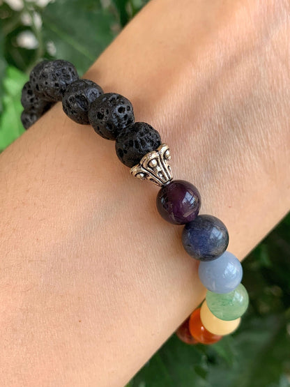 GAF TREASURES 7 chakra with Lava Crystal Bead Bracelet 8mm, Genuine 7 chakra with Lava Stretch Gemstone Bracelet, Healing Crystal Bracelet, Gift for Men & Women (1)
