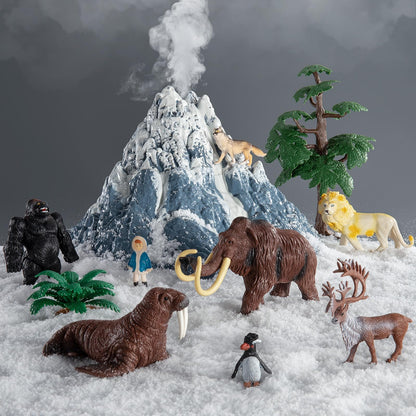 Prehistoric Animal Toys Set for Kids 3-5 Years, Safari Animals Figurines and Snowy Volcano Toy with Large Play Mat, Mammoth, Lion, Gorilla