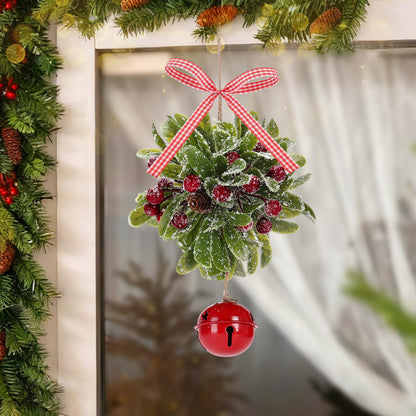 Forwe Mistletoe Christmas Decor Artificial Mistletoe Kissing Ball Ornament with Bell Bow Berries Hanging Christmas Decorations for Doorway Arch Light Fixture Xmas Tree (Red)