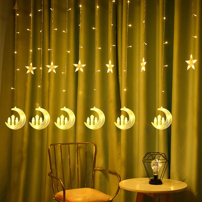 Dazzle Bright Moon Star and Fairy Tale Castle String Lights, 138 LED Muslim Curtain Fairy String Lights, 8 Lighting Modes for Home Holiday Ramadan Christmas Wedding Party Xmas Eid Decorations(USB)