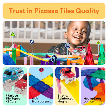 PicassoTiles 128pcs Magnetic Race Car Track Building Block Educational Toy Set Tiles Magnet Playset 3 LED Car STEM Learning Construction Kit Fine Motor Skill Training Brain Development for Kids Age3+