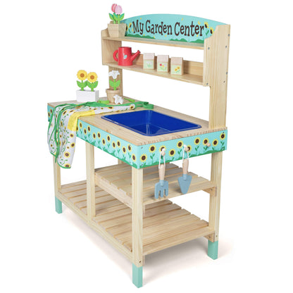 Bloom & Grow Gardening Center Wooden Toy Indoor Playset- 22 Pc Garden Stand Set w Flowers, Seed Packet, Pots Shovel Rake Apron Watering Pot- Interactive Fun Pretend Playtime Activity, Kids Summer Gift