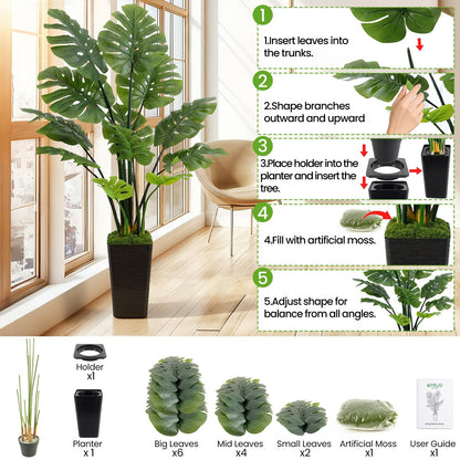 UPBUD Artificial Monstera Deliciosa Plant, 5FT Fake Monstera Tree with 12 Lifelike Leaves & Black Pot, 60in Tall Faux Floor Trees Fake Plants for Indoor Office Porch Living Room Windowsill Decor