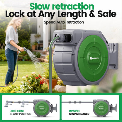 OARKIEV Garden Retractable Hose Reel, 5/8 Inch x 85 ft Wall Mounted Garden Hose Reel with Any Length Lock, Upgraded Slow Return System and 180°Swivel Bracket