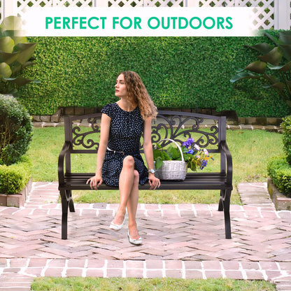 FDW Outdoor 50 Inches Garden Bench, Slatted Seat Armrests Floral Design Backres and Arch Legs, Perfect for Park, Yard, Porch, Lawn, Balcony, Backyard, Black