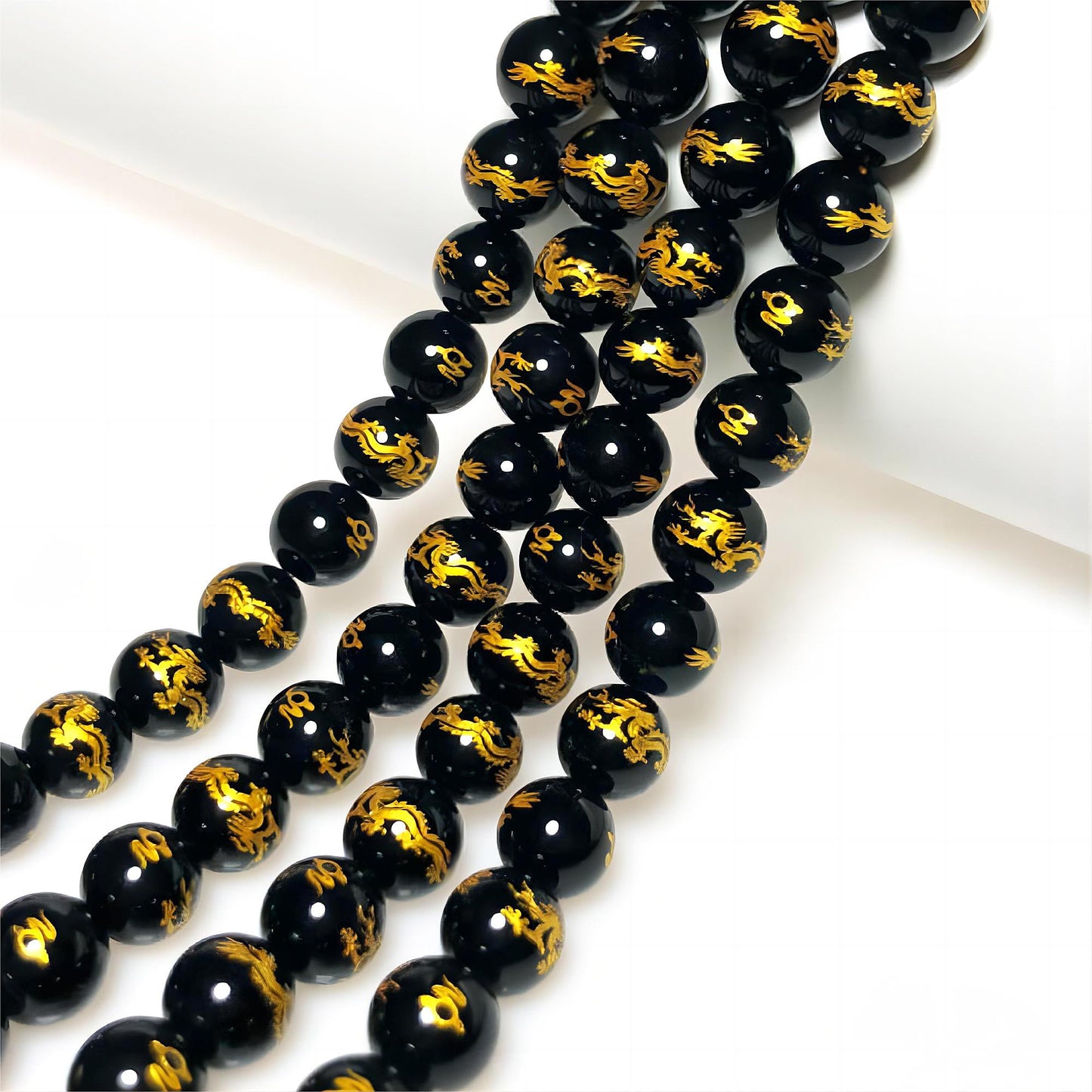MJDCB Natural Stone Beads 8mm 43pcs Round Black Onyx Carved Dragon Loose Gemstone Bead Charms for Jewelry Making Bracelet Necklace Earring Pendant