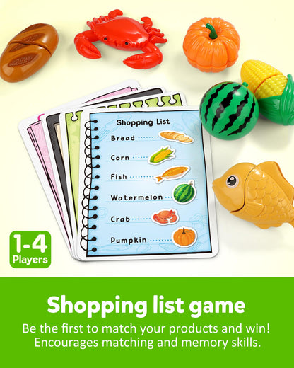 Coogam Pretend Play Food Kitchen Accessories for Kids, Fake Fruits Meats Vegetables Cutting Food with Shopping Storage Basket for Preschool Activities, Daycare Educational Toy for 3 4 5 Years old Kids