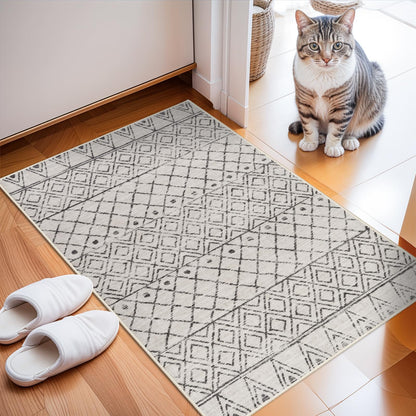 BYYVOO 2x3 Entryway Rug Washable - Moroccan Small Area Rugs for Entryway Low Pile Indoor Mat Non Slip with Rubber Backing Thin Area Rug Pet Friendly for Front Door Kitchen Bedroom 2x3 Geo Grey