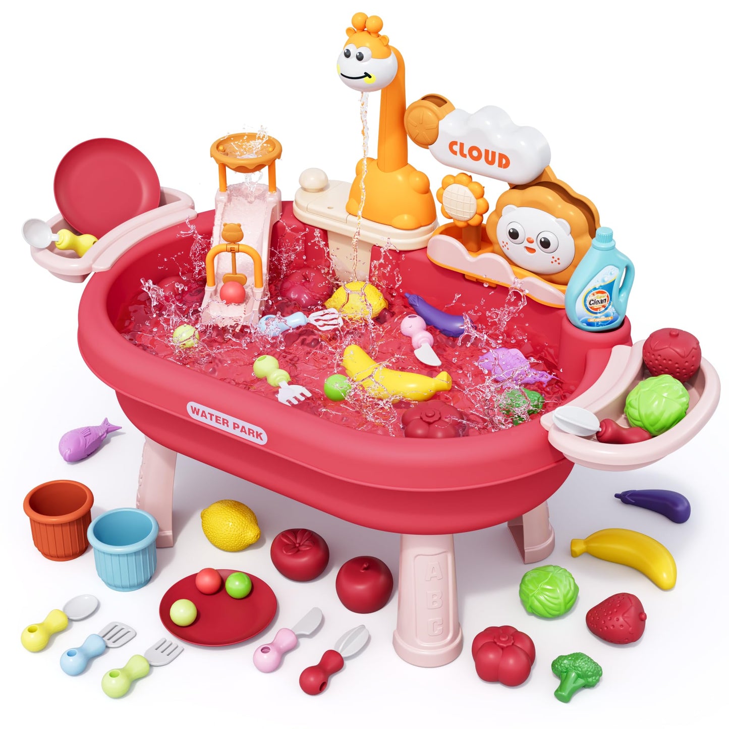 2026 New Kids Sand & Water Table Toys for Toddlers, Kids Water Park Play Kitchen Sink with Running Water,Giraffe Electric Faucet,Water Rolling Game,Detachable Legs Toddler Summer Toy for Boys Girls