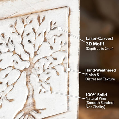 SwallowLiving Wooden Tissue Box Cover Square - Weighted Farmhouse Facial Tissue Holder with Sliding Bottom - Distressed White Tree of Life Dispenser for Bathroom Vanity, Bedroom & Living Room Decor