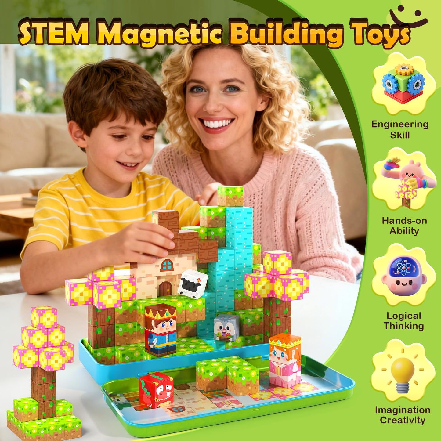 Mini Magnetic Blocks with Case - Portable Building Cubes Travel Toys for Kids Ages 4-8 Construction STEM Learning Set for Toddlers Build Mine Magnet World Christmas Birthday Gift for Boys Girls 3-5