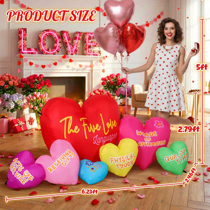 Valentines Inflatables Outdoor Decor, 6FT Long 5 Love Languages Hearts Blow Up Yard Decor with LED Lights, 7 Romantic Hearts Proposal Anniversary Wedding Lawn Garden Decoration, Weather Resistant