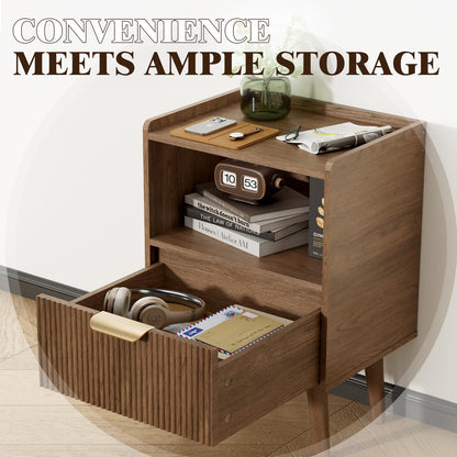 Apicizon Modern Nightstand with Storage Drawer and Open Wood Shelf, Fluted Night Stand with Solid Wood Legs, Bedside Table for Bedroom,Small Spaces, Easy Assembly,Walnut