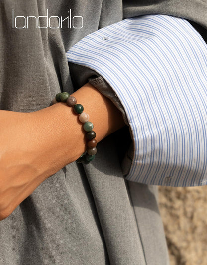 Landorilo Beaded Bracelet for Men Women, 8mm Natural Stone Indian Agate Healing Crystal Stretch Bracelets, Ideal Christmas Birthday Jewelry Gifts with Energy Card，Replacement Beads Included