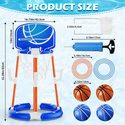 Pool Basketball Hoop with Backboard, Floating Pool Toys for 3-12 Years Old Kids Ring Game with 4 Balls 8 Rings & Pump Outdoor Swimming Pool Basketball Games Water Play Toy Family Party for Kids Adults