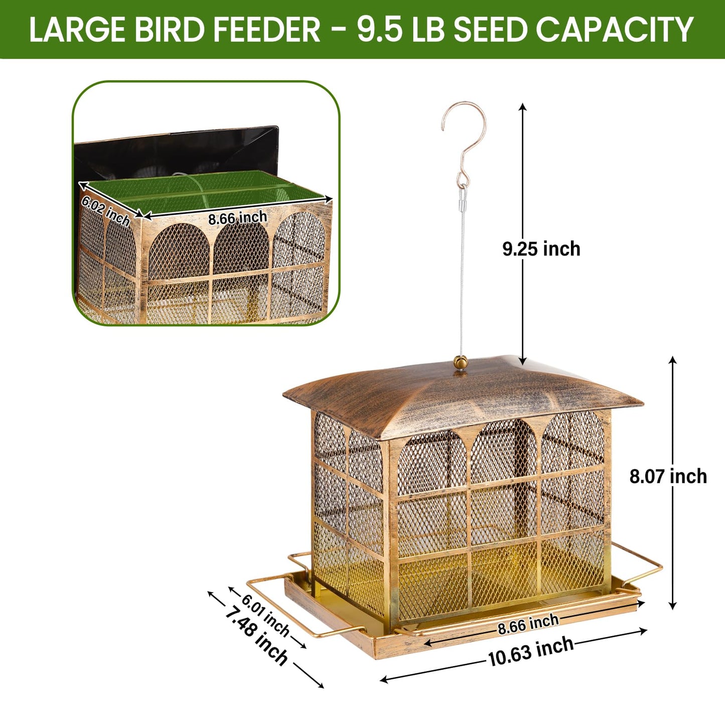 Large Bird Feeder, Heavy Duty Metal Bird Feeders for Outdoor Hanging, 9.5LB Seed Capacity Wild Birdfeeder for Outside Garden Decoration