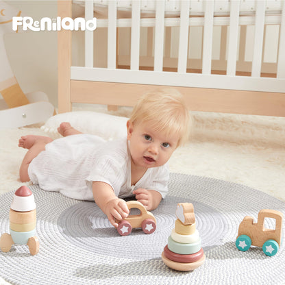 FReniland Wooden Montessori Toys, 4-Piece Wooden Baby Toy, Rainbow Stacking Ring,Car Push and Pull Toy, Rocket Stacking Ring Babys Toys,Newborn Baby Gift Sets for Boys and Girls