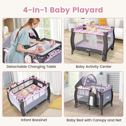 INFANS 4 in 1 Pack and Play, Portable Travel Baby Playard with Bassinet, Changing Table, Canopy, Mosquito Net, Hanging Toys, Music Box, Storage Bag, Large Playpen from Newborn to Toddlers (Pink)