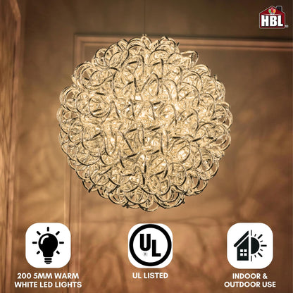 Holiday Bright Lights 18" Silver Spiral Orb Outdoor Hanging Sphere Lights Porch Decor, 200-Light 5MM Warm White LED Bulbs