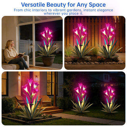 Homight Solar Metal Agave Lily Flower Garden Sculpture with LED Lights 30.3 Inch Waterproof Outdoor/Indoor Yard Decor Handmade Lawn Ornament Gift for Family Friends (2, Blue)