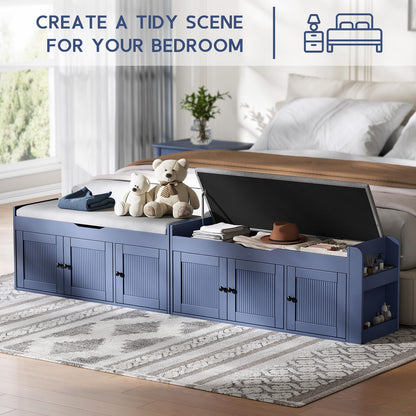 HOTAMO 42.6" Storage Bench - Entryway Shoe Bench with Side Storage Shelves and 3 Doors, Multifunctional Entryway Bench with Lift Top Cushion, Shoe Storage Bench for Bedroom, Living Room, Blue